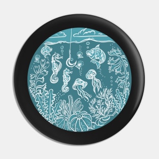 Under the Sea Lino Print Porthole with Fish, Seahorses and Seaweed Pin