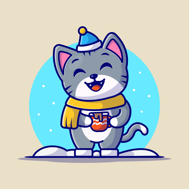 Cute Cat Holding Coffee In Snow Cartoon Vector Icon Illustration by Catalyst Labs