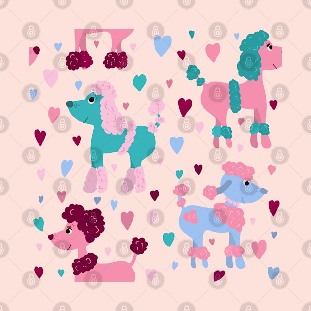 Colourful poodles with hearts repeat pattern by NattyDesigns