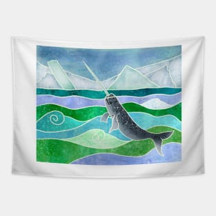 Cute Narwhal, Batik silk painting style Tapestry