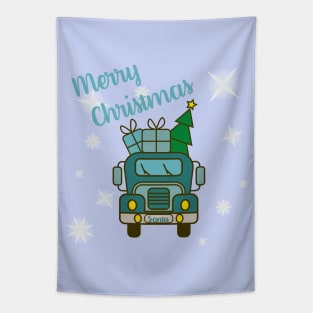 Greeting card with lettering front of blue Santa’s truck, presents and Christmas tree Tapestry