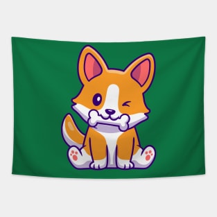 Cute Corgi Dog Eating Bone Cartoon Tapestry