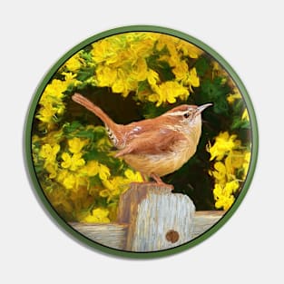 Carolina Wren Painting - Cute Original Bird Art Pin