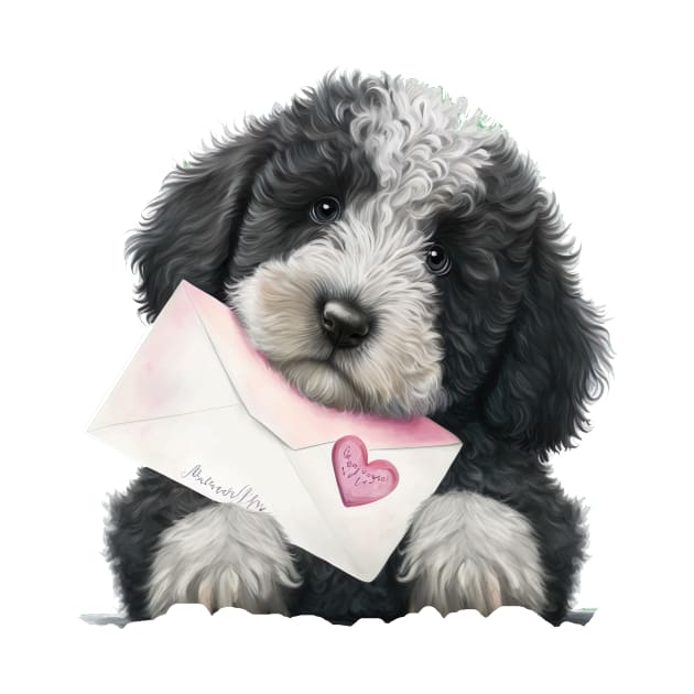 Valentines sheepadoodle pup with a love letter - for your dog-loving valentine by UmagineArts