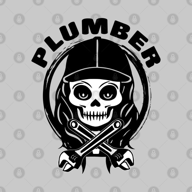 Female Plumber Skull and Wrench Black Logo by Nuletto