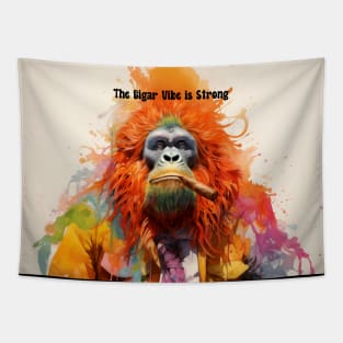 Cigar Smoking Ape: "The Cigar Vibe is Strong" on a Dark Background Tapestry