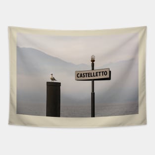 Castelletto Ferry Port Sign on Lake Garda, Italy Tapestry