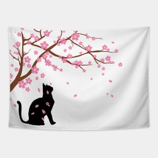 Cherry Blossom Black Cat Sakura Japanese Tapestry