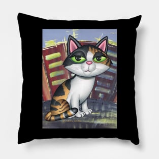 Beautiful Calico Kitty in front of buildings with colors Pillow