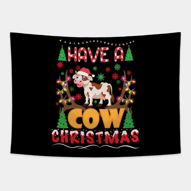 Mooey Christmas Heifers Santa Xmas Lights Cow Lovers Tapestry by reginaturner