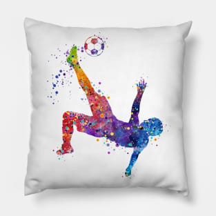 Boy Soccer Player Bicycle Kick Watercolor Pillow