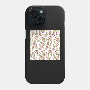 Pink and green leaves pattern on white Phone Case