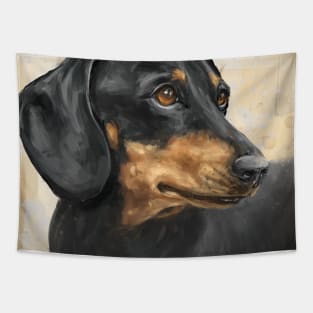 Painting of a Dachshund with Black and Gold Coat, on Beige Background Tapestry