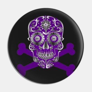 Purple Sugar Skull Day Of The Dead Skull And Crossbones Pin