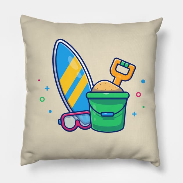 Surfboard, Snorkel sand And Bucket Cartoon Pillow by Catalyst Labs