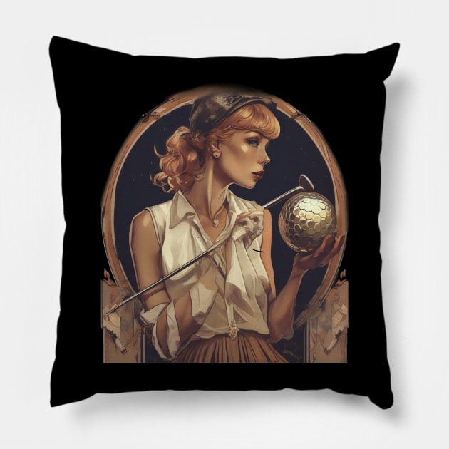 Retro lady golfer Pillow by sailorsam1805