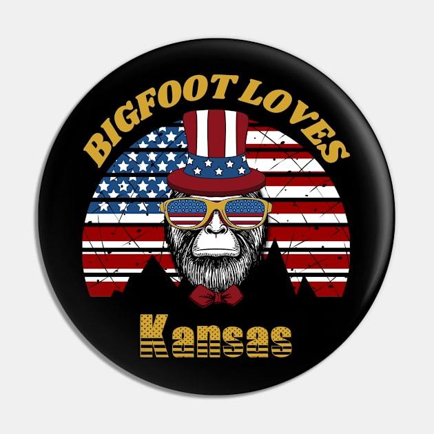 Bigfoot loves America and Kansas Pin by Scovel Design Shop