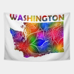 Colorful mandala art map of Washington with text in multicolor pattern Tapestry