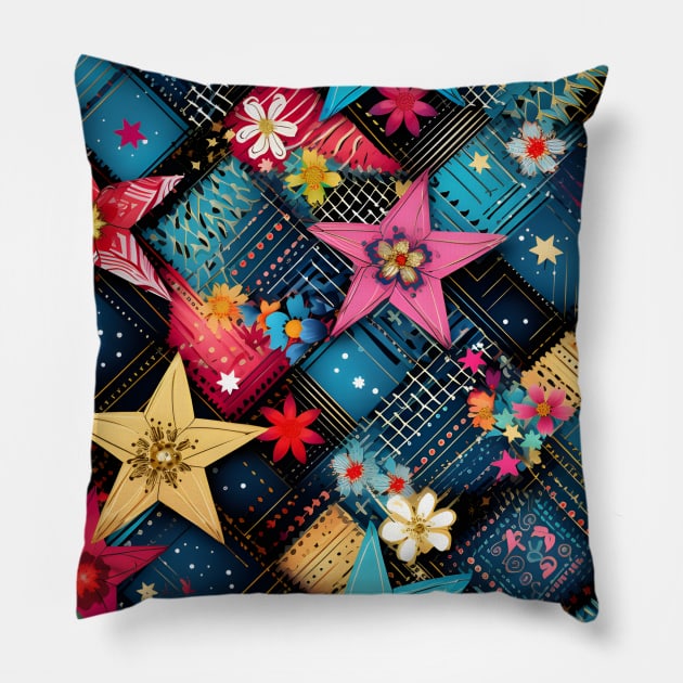 Patchwork Flowers and Stars Pillow by Mistywisp