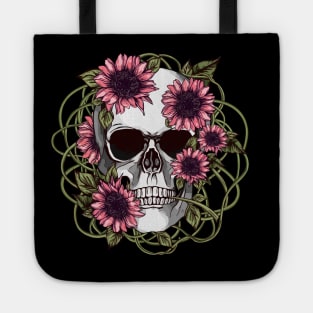 floral skull, cool skull, pink sunflowers skull mask face Tote