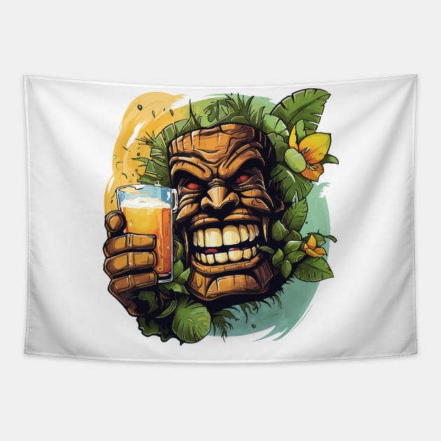 Tiki Statue Holding A Beer Tapestry by VelvetRoom