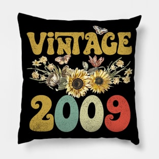 Vintage 2009 Sunflower Floral Retro Groovy 14th Birthday Pillow