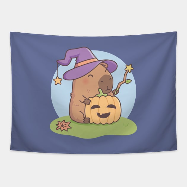 Cute Capybara Wizard and Squash Halloween Tapestry by rustydoodle