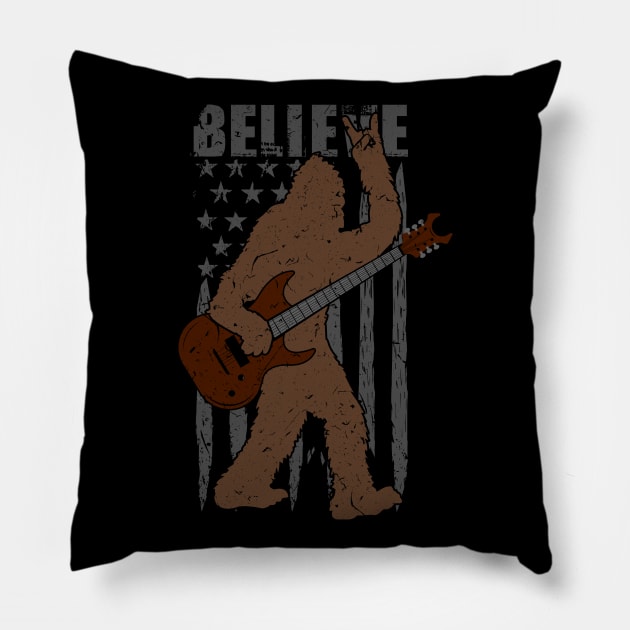 Bigfoot guitar rock and roll - Believe Sasquatch retro vintage Pillow by Tesszero