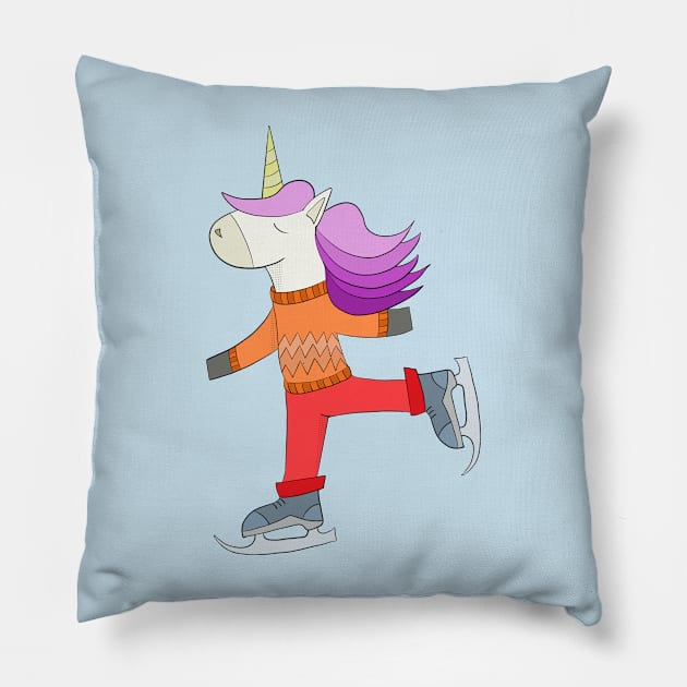 Unicorn skating in winter Pillow by DiegoCarvalho