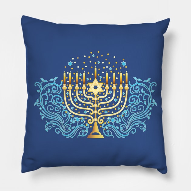 Golden menorah for Hanukkah Pillow by AnnArtshock