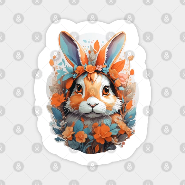 Cute Rabbit Head With Fantasy Flowers Splash Magnet by AySelin