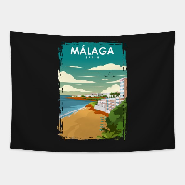 Malaga Spain Vintage Minimal Retro Travel Poster Tapestry by jornvanhezik