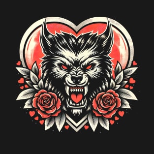 Valentine Werewolf: Lunar Love with Heart and Roses T-Shirt