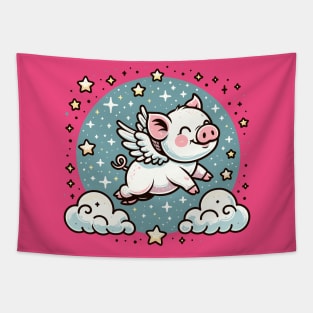 Cute pig flying in the sky Tapestry