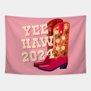 A pair of cowboy boots decorated with flowers and a hand lettering message Yeehaw 2024 on pink background. Happy New Year colorful hand drawn vector illustration in bright vibrant colors. Tapestry