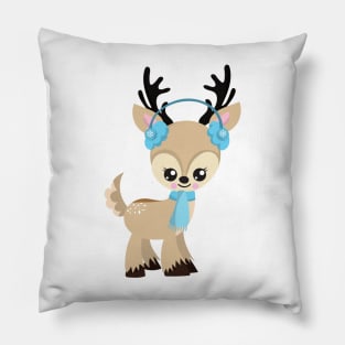 Christmas Reindeer, Cute Reindeer, Blue Scarf Pillow