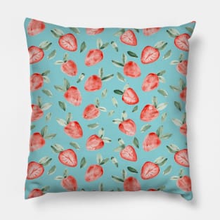 Watercolor painting of tropical strawberries on turquoise background Pillow