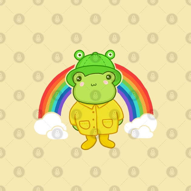 Step into a Magical World with Our Cool Frog in a Frog Hat Standing Proudly Under a Vibrant Rainbow by Ministry Of Frogs