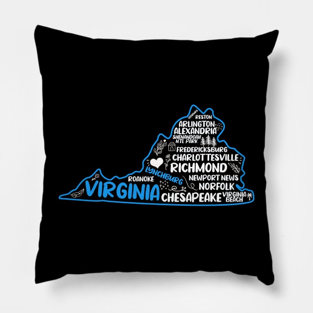 Lynchburg Virginia cute map Norfolk, Richmond, Newport News, Alexandria, Hampton, Roanoke, Suffolk, Reston Pillow by BoogieCreates