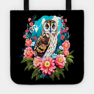 A Cute Short Eared Owl Surrounded by Bold Vibrant Spring Flowers Tote