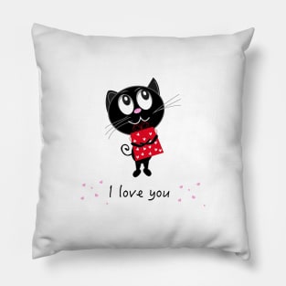 Cute romantic black cat holding red gift box Pillow