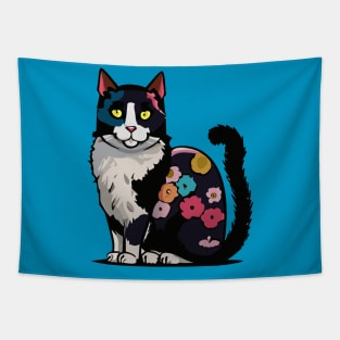 Black and White Flower Cat Tapestry