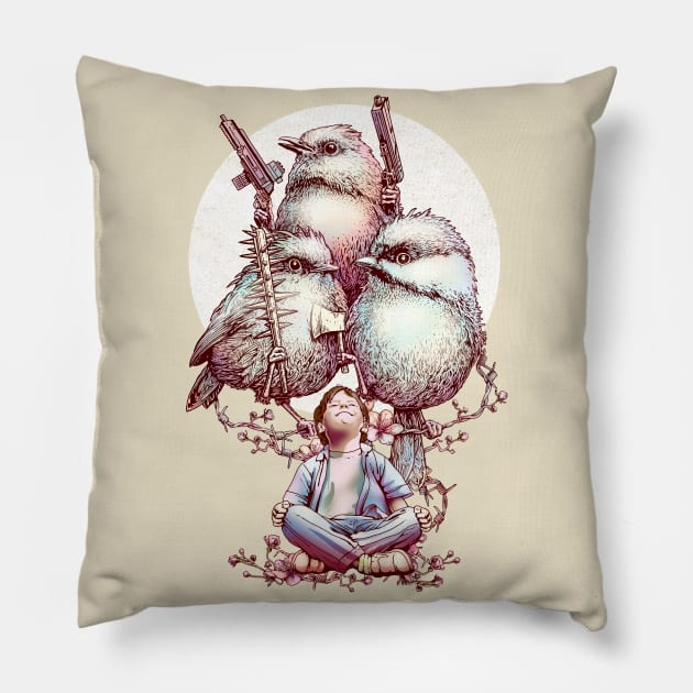 Three Deadly Birds Pillow by ADAMLAWLESS