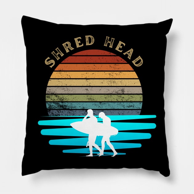 Retro Sunset with Surfer on the Ocean Waves Pillow by FNRY