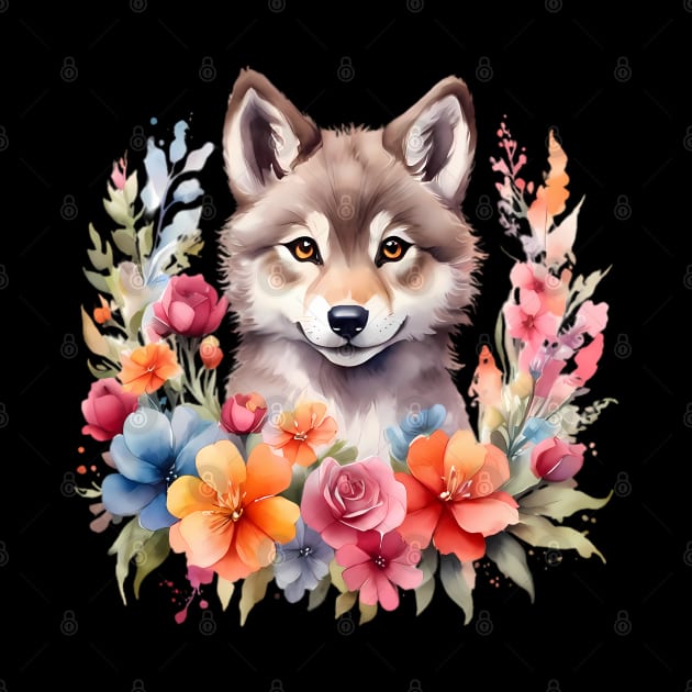 A wolf decorated with beautiful watercolor flowers by CreativeSparkzz