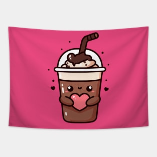 Cute Hot Chocolate Milkshake Holding a Heart in Kawaii Style | Kawaii Food Lovers Tapestry