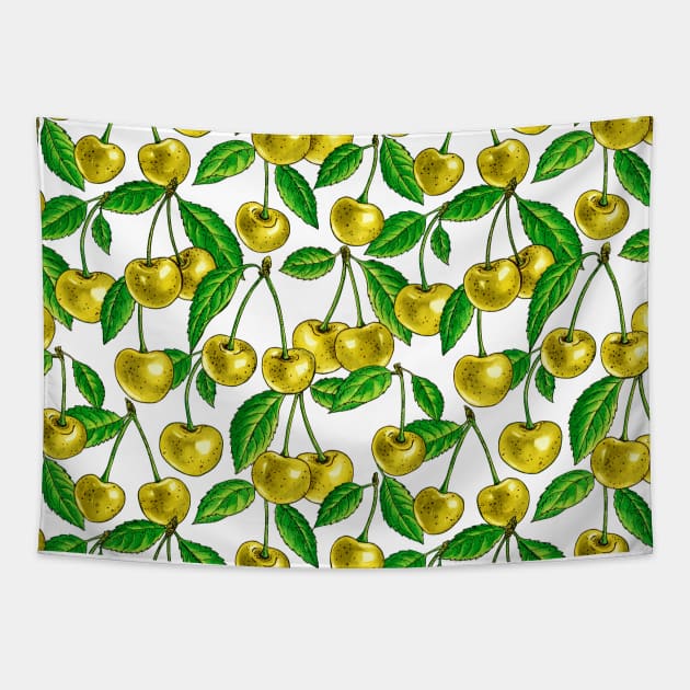 Yellow cherries on white Tapestry by katerinamk