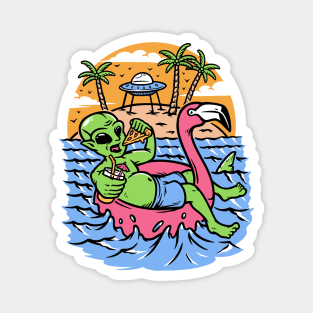 Funny Summertime Alien Eating Pizza on a Pink Flamingo Floatie Magnet