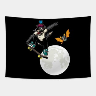 Halloween Skateboarding Wolf over the Moon Bat Tapestry