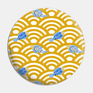 Blue fishes in yellow seigaiha waves Pin